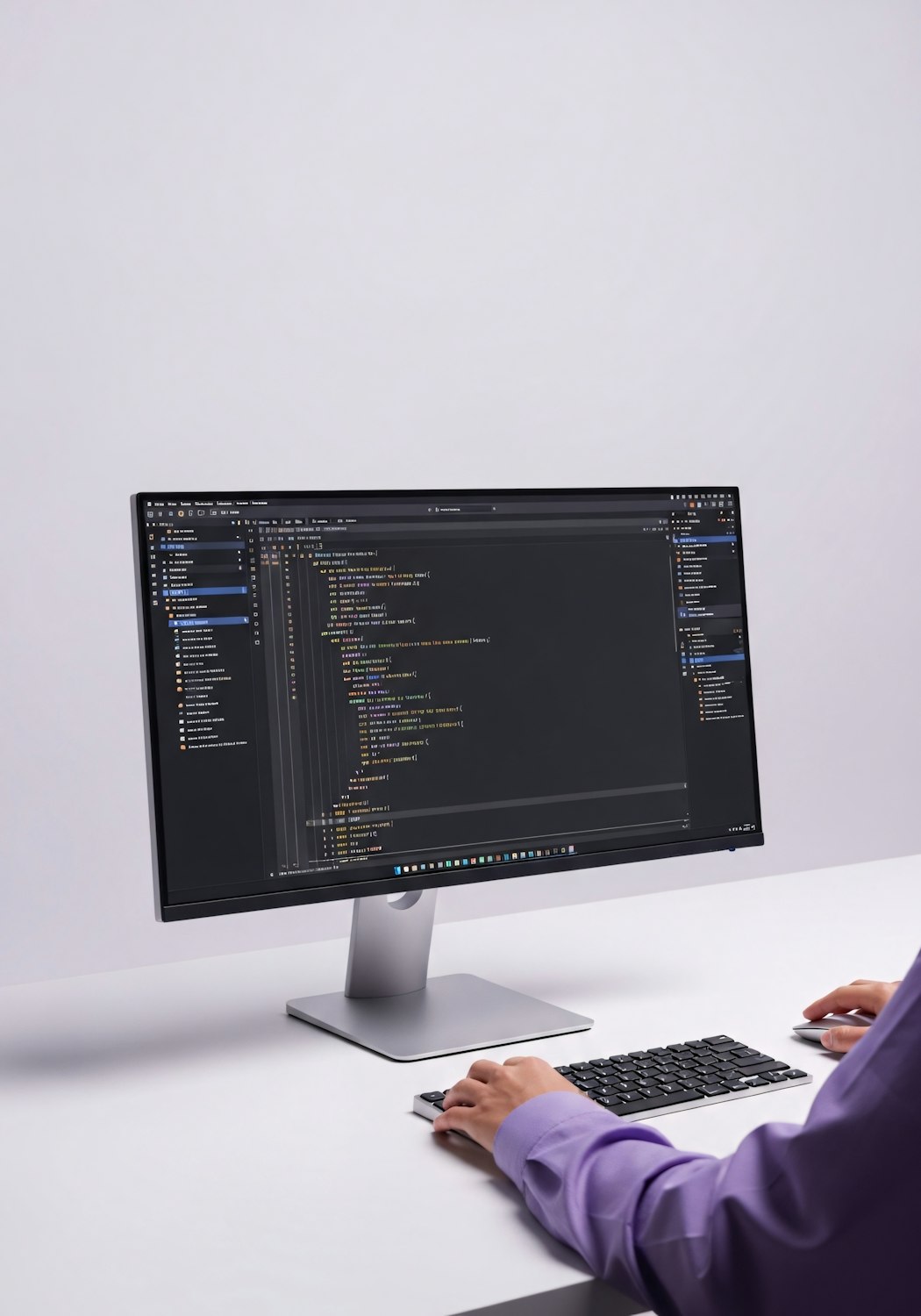 Developer working at a desk with code on screen