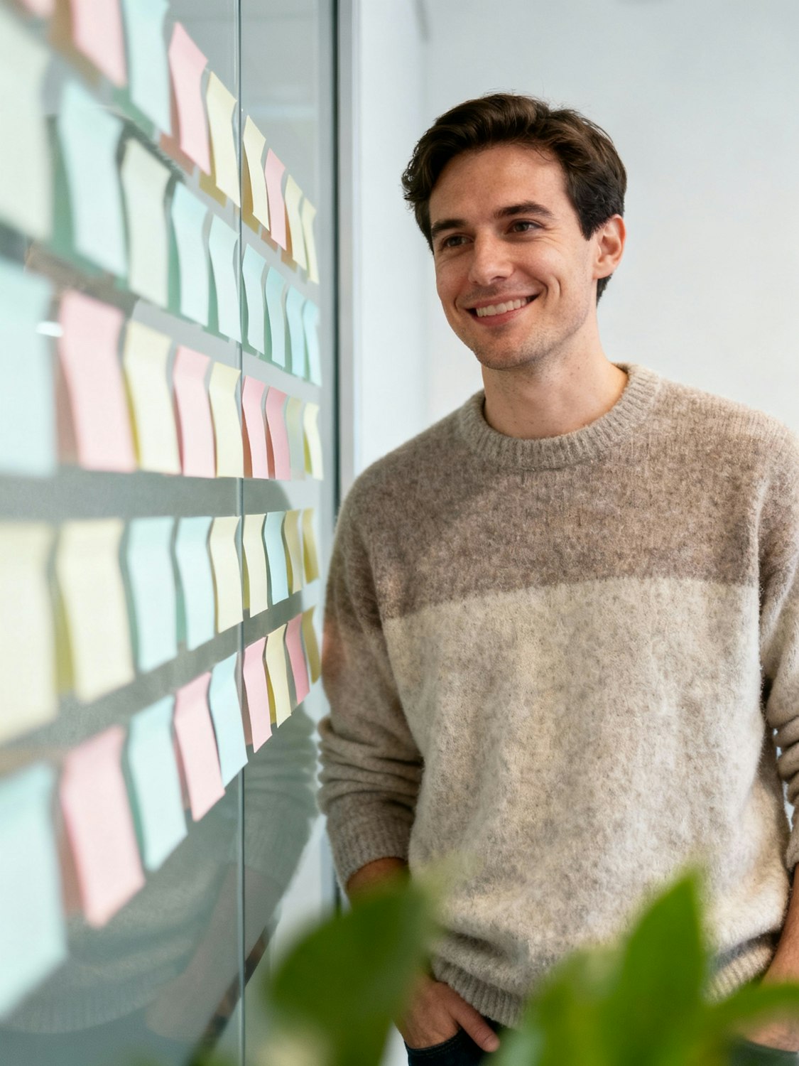 Product lead smiling next to a glass wall covered in planning notes